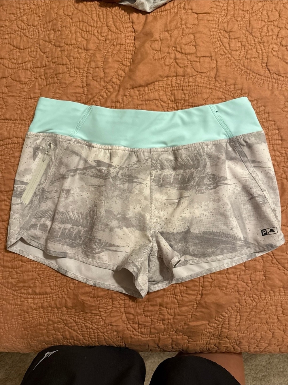 Pelagic Women's Light Gray Fish-Print Athletic Shorts with Mint Waistband